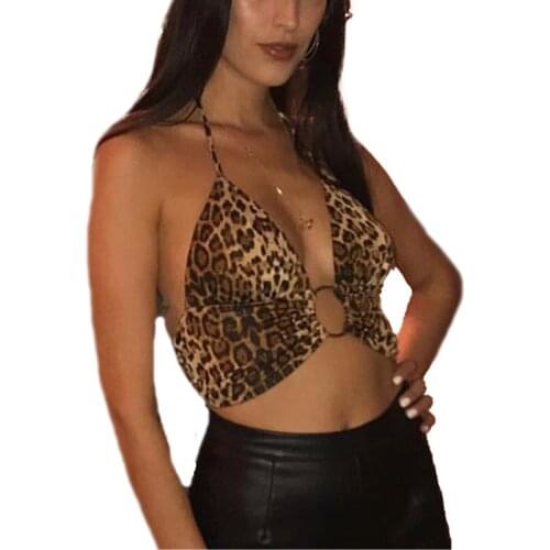 Fashion Women Hot Summer Leopard Print Bikinis Tops Padded Hollow Metal Ring Halter Neck Holiday Party Swimming Wear /2