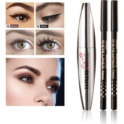 3Pcs/Set Eyes Makeup Set 4D Volum Thick Mascara Lengthen Eyelashes with WaterProof Long-Lasting Fast Dry Liquid Eyeliner Pen Kit