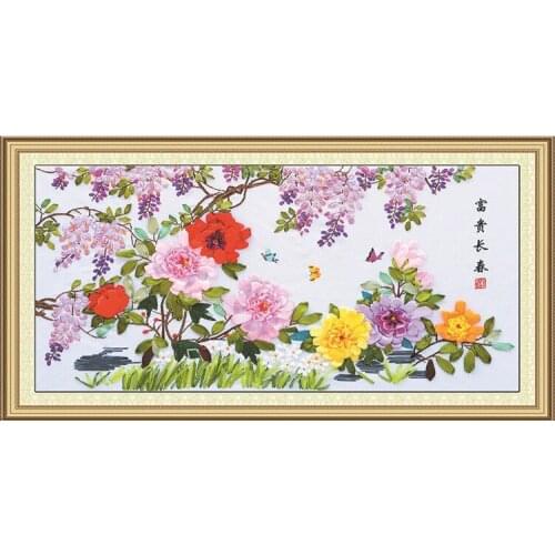 Wisteria peony flower Ribbon embroidery painting sets handcraft embroidery circle DIY handmade needlework wall art decor gift