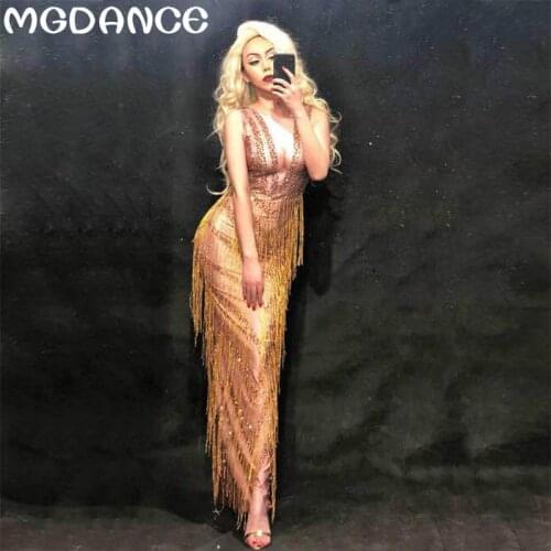 New Sexy Women DS Bar Nighclub Stage Gold Tassel Sparkling Crystals Dress Singer Nightclub Party Dancer Costumes Bling
