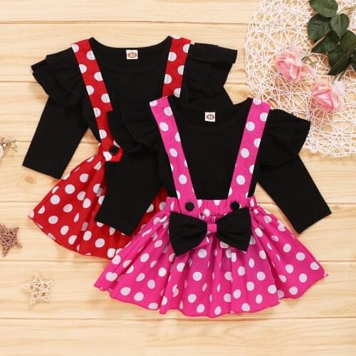Baby Girl Outfits Little Girl Clothes Toddler Kids Baby Girls clothes set Cute Black T-shirt Tops+dot bow button Skirt 2PCS Sets