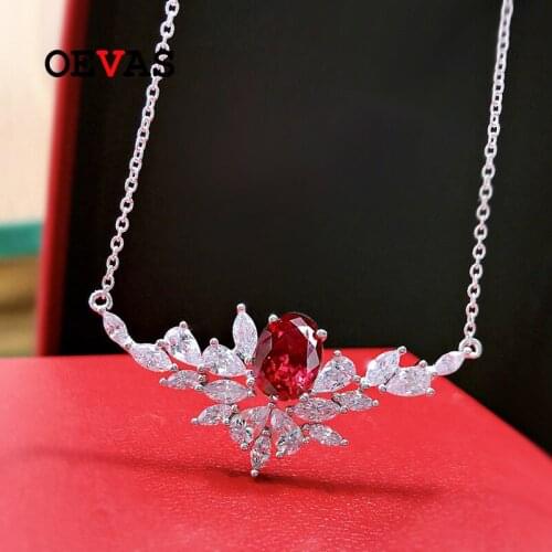 OEVAS 100% 925 Sterling Silver 7*9mm Synthetic Ruby Ice Flower Cut Pendant Necklace For Women Sparkling Wedding Fine Jewerly