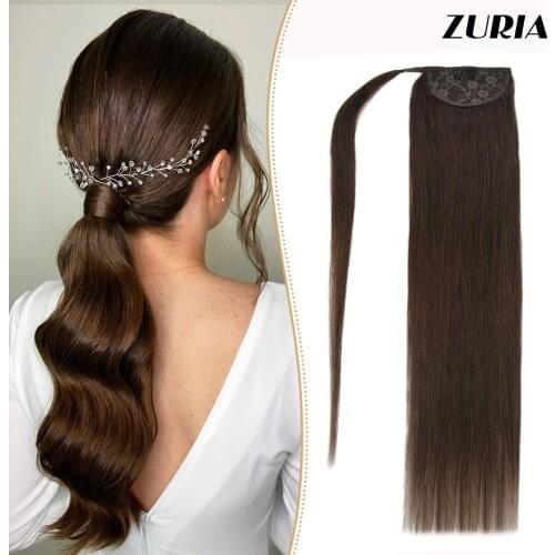 ZURIA Ponytail Human Hair Extensions Machine Remy Straight Hair Extensions Blonde Brown Black Color 12"16"20"24"Clip in fixation
