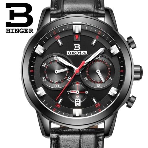 Switzerland BINGER Mens Watches Luxury Brand Quartz Waterproof Leather Chronograph Sports Watch Men Wristwatches relogio 2018