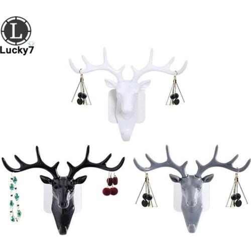 Resin Animal Deer Stags Head Hook Hanger Jewelry Ring Necklace Bracelet Wall Door Cabinet Holder Decor Display Rack
