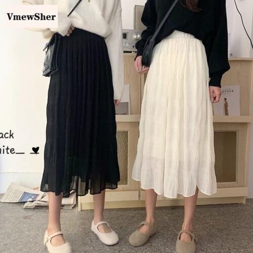 VmewSher New Spring Summer Women Skirt Chiffon Pleasted Mid-calf Long Elastic High Waist Female Casual Black Skirts Fashion