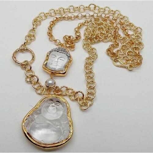YYGEM 2 Strands Clear Quartzs Carved Buddha Pendant Gold Color Electroplated link Chain Necklace 19"