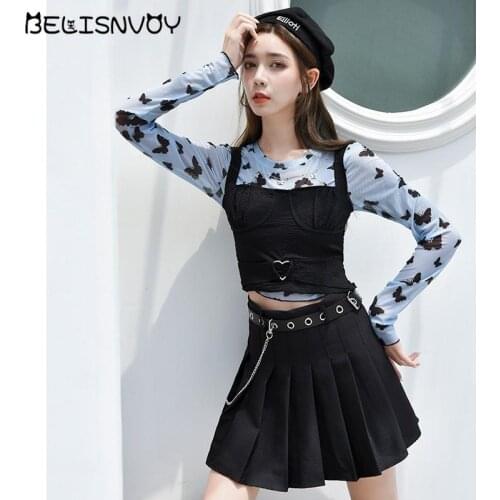 Japanese Gothic Outfit Women 3 Pcs Set Patchwork Butterfly Crop Top Mini Pleated Skirt With Sashes Cute Kawaii Harajuku Suit