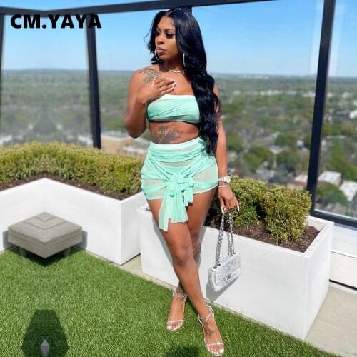 CM.YAYA Women Set Solid Mesh See-through Strapless Crop Tops Bandage Elastic Sheath Mini Skirts 2 Two Piece Set Sexy Outfit 2021