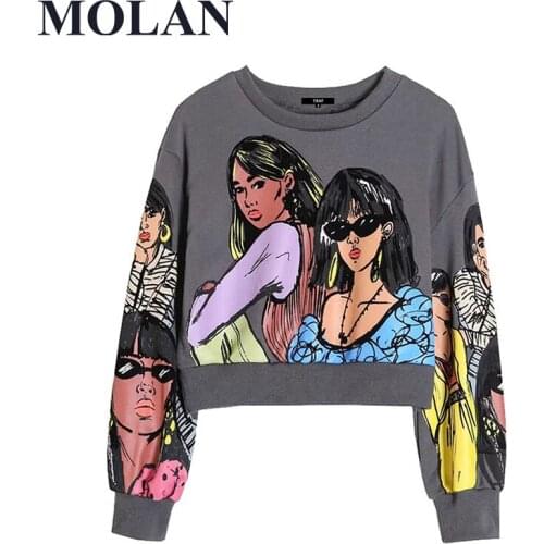 Loose Cropped Sweatershirt Women Fashion Charater Print Vintage O Neck Long Sleeve Female Pullovers Chic Tops