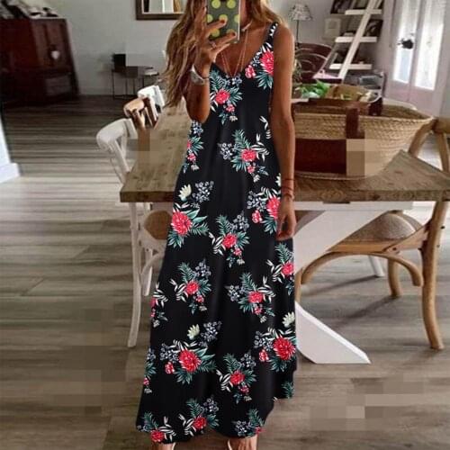 Womens Boho Vintage Maxi Dress Floral Print V Neck Women Spaghetti Strap Large Hem Dresses Summer Retro Vestidos Clothes 3XL