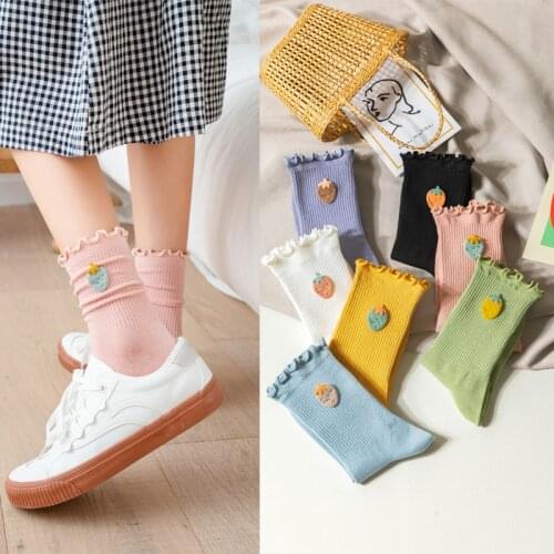 10 pieces = 5 pairs Socks Women Ins Fashion Solid Color Wooden Ear Pine Cotton Strawberry Doll Candy-Colored women Socks