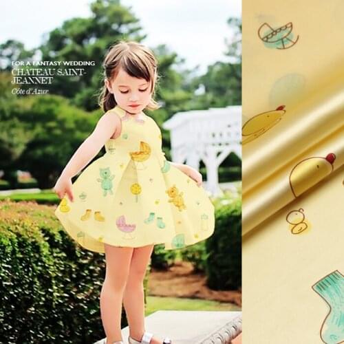114cm wide 16.5mm sweet cartoon print yellow silk crepe satin plain fabric for childrens dress shirt clothes