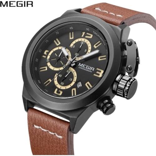 2019 Men Watch MEGIR Brand Fashion Sport Quartz Watches Leather Waterproof Army Military Chronograph Clock Relogio Masculino