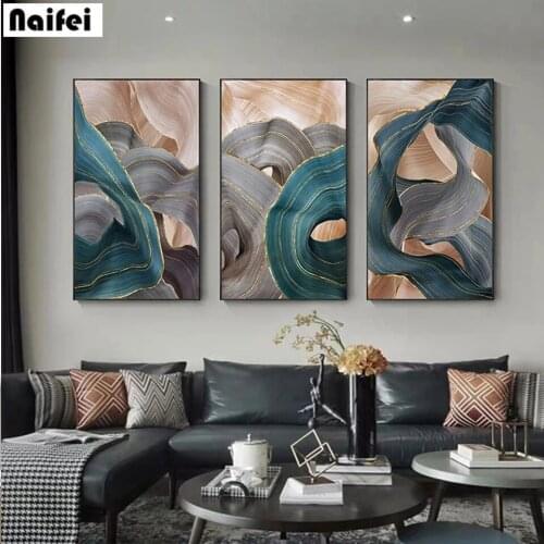 5D DIY Diamond Painting Full Drill Gold Lines Green Blue Wavy Geometric Wall Art Diamond Embroidery Rhinestone Mosaic Home Decor