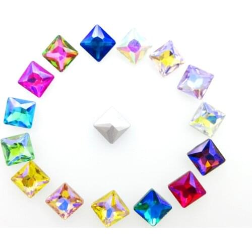 AB colors 8mm 10mm Square shape colorful glass Crystal strass pointback glue on rhinestone beads Photo frame boxs diy decoration