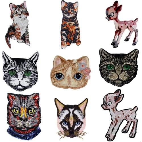 Cat Embroidery Deer Applique Sequin Fabric Sweater Clothes Patch T-shirt DIY Decoration Badge TH1590