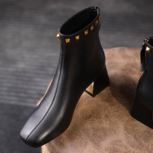 Falajoy Heeled Ankle Boots Genuine Leather Square Toe White Black Rivet Chunky Heel Zip Dress Fashion Booties Plus Size 42 43 41