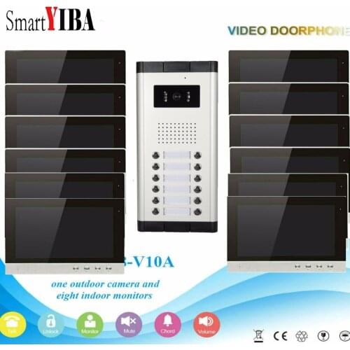 SmartYIBA Home Video Door Phone For 12 Apartments Door intercom 10" Color Indoor Monitor Video cameras 12 Door Bell Buttons Kit