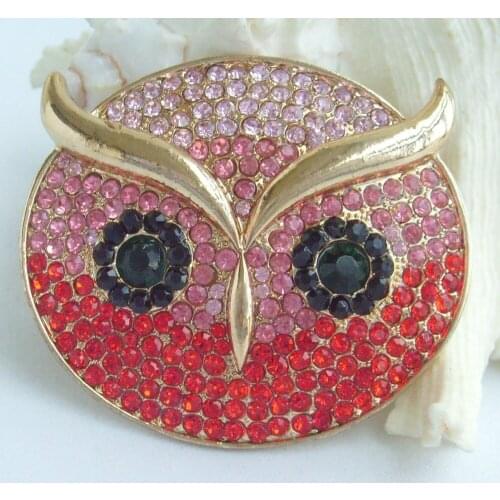 HelenaJewelry 2.16" Gold-tone Pink Red Rhinestone Crystal Owl Brooch Pin Pendant EE05112C5