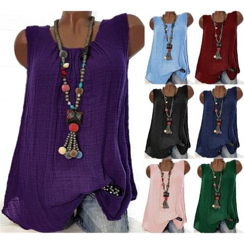 Cotton Linen Sleeveless Shirt Womens Plus Size Vintage Soild Color Baggy Vest Tee Pullover Casual Tank Blouse Блузка Женская