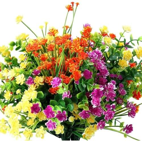 12 Pieces Artificial Flowers 6 Types Outdoor UV Resistant Shrubs Plants for Hanging Planter Home Wedding Porch Window