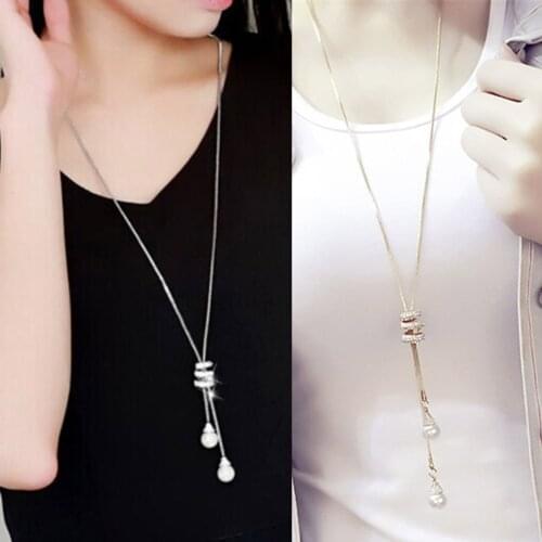 2020 NEW High Quality Fashion Metal Long Tassel Rhinestone Crystal Pearl Long Chain Necklace Sweater Patry Necklace Jewelry