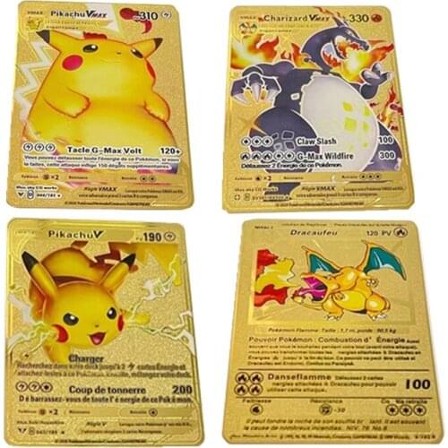 New French Version 10 Styles Pokemon Vmax Gold Card Charizard Mewtwo Pikachu Collection Battle Carte Trading Game Toy Gift