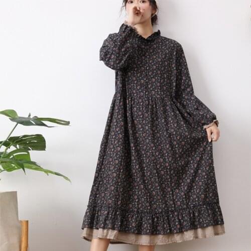 Autumn Winter Retro Artistic Floral Double-Layer Long-Sleeved Dress Lace Collar Loose Dress Female 102
