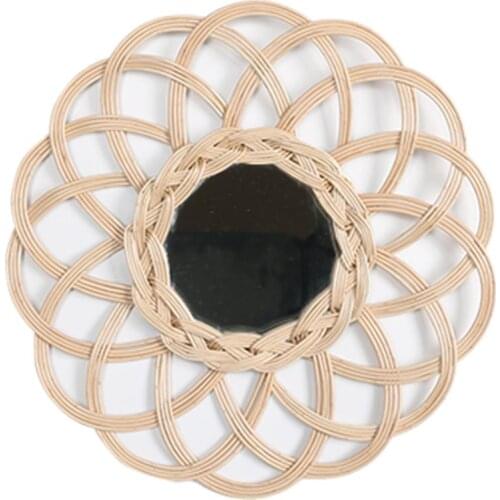 Wicker Decorative Mirror Nordic Rattan Mirror Hand-made Photography Ornament Bamboo Bathroom Round Wall Hanging Mirror