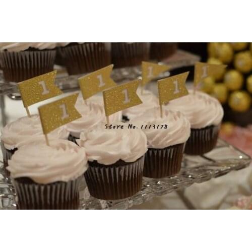 Custom number flag Birthday Cupcake toppers, Glitter gold wedding toothpicks Bridal baby shower party decor