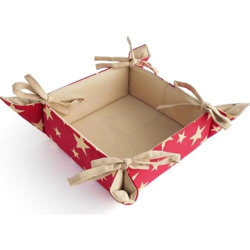 Handmade Red and Beige Color Cotton Star Patterned Fabric Laces Bread Basket Gift Waterproof Fruit Hamper for Newlyweds