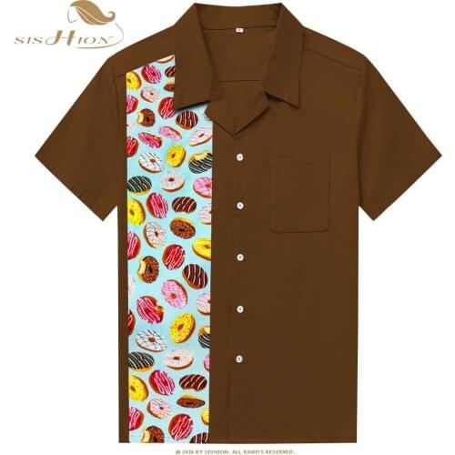 SISHION 2021 New Men bowling Shirt Doughnut Print Vintage Retro Men Casual Shirts chemise homme ST110 Light Blue Brown Button Up