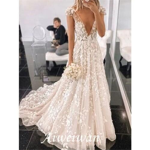 A-Line Wedding Dresses V Neck Sweep / Brush Train Lace Tulle Sleeveless Country Sexy with Appliques 2021