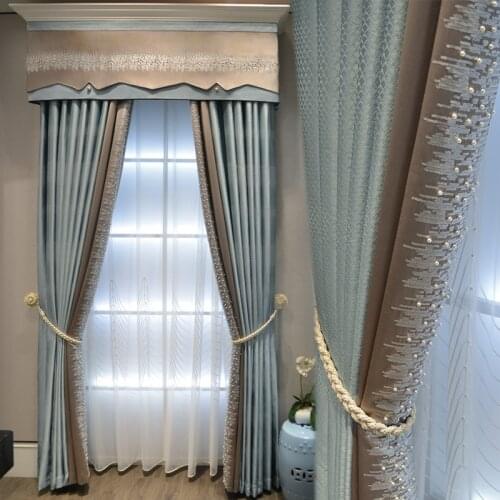 Pearls Sequin Tulle Curtain for Bedroom Luxury Blue Grey Stitching Chenille Blackout Thick Heavy Sliding Glass Door Drape js333D