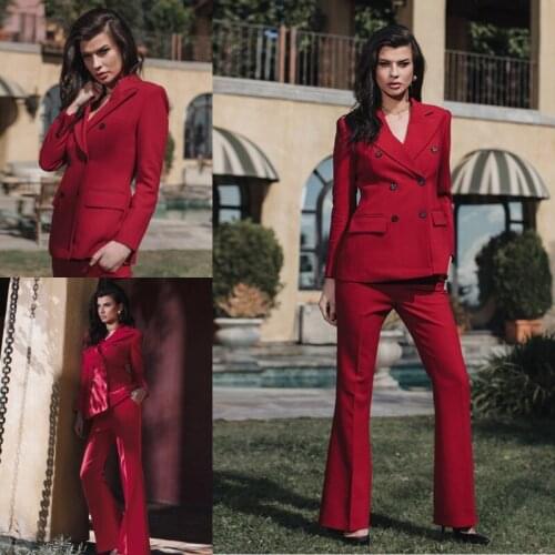Vintage Designed Women Red Suits Peaked Lapel Double Breasted Custom Made Pocket Blazer Elegant Casual Daily Jacket 2 Pieces