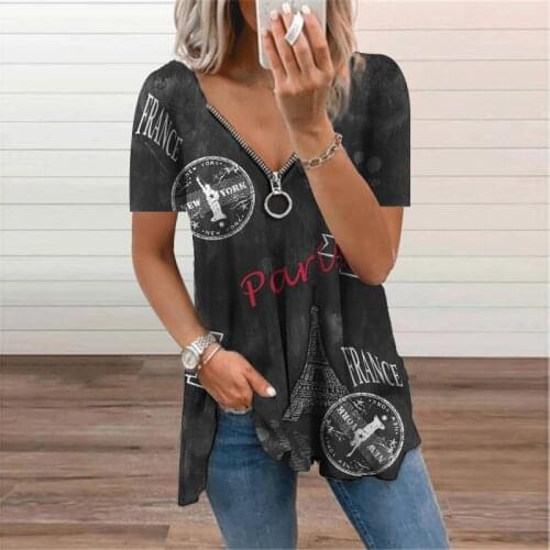 Letter Graphic Printed Womens T-Shirt 2021 Summer New V-Neck Zipper Pullover Tunic Casual Loose Oversize Ladies Top Tee Shirt