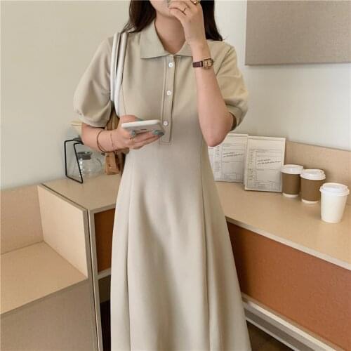 2021 New Women Summer Beige Tshirt Dress Stand Collar Slim Waist A-line Midi Pullover Sundress