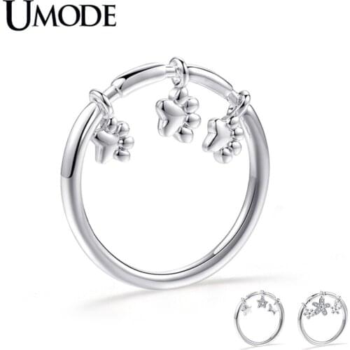 UMODE New Clear Round Zircon CZ Crystal Star Flower Charm Ring for Women New Gift White Gold Footprint Ring Jewelry AUR0495