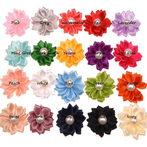 100pcs Satin Flowers Cheap Boutique Hair Flower for DIY Hair Accessory Polygon Ribbon Rosette Pearl Flowers 20 Color U-Pick