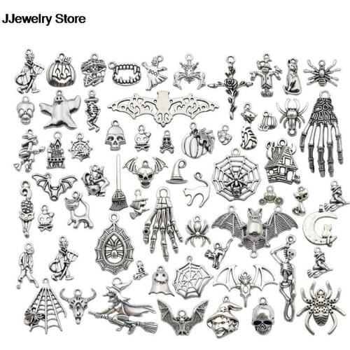 50pcs/set Mix Halloween Charms Bat Pumpkin Lantern Spider Witch Skull Charms Pendant Craft Supplies Pendants