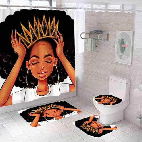 African American Women with Crown Durable Waterproof Shower Curtain Set with Afro Africa Girl Queen Non-Slip Bathroom Mat Rugs