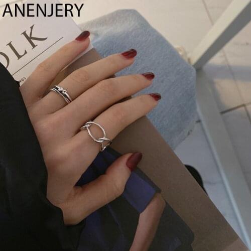 ANENJERY 925 Sterling Silver Irregular Hollow Interlock Circle Ring for Women Open Finger Rings Minimalist Party Jewelry S-R849
