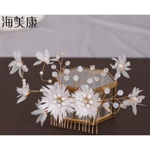 Haimeikang White Flower Hair Comb Bun Earring Set Accessories Bride Bridesmaid Wedding Hair Adorn Long Pendant Crystal Jewellery