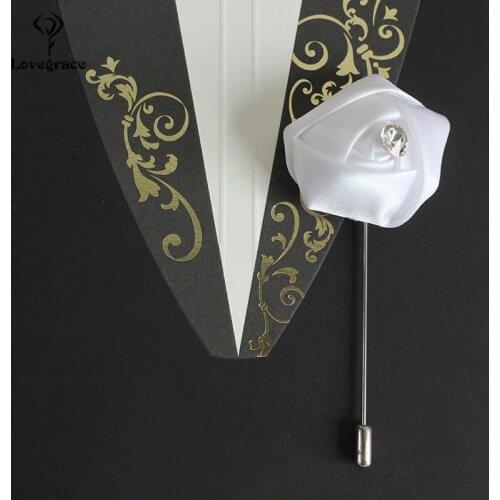 Lovegrace Hot Sale White Color Silk Rose Men Boutonniere Artificial Diamond Decor Wedding Bridegroom White Boutonniere for Men