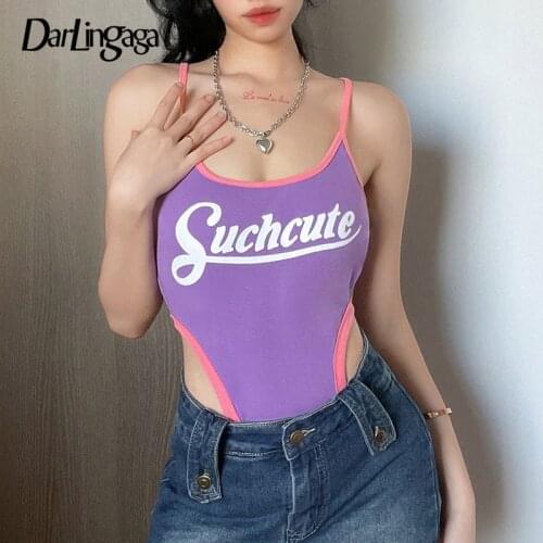 Darlingaga Vintage Spaghetti Strap Patchwork Summer Bodysuit Women Tops Fashion High Waist Sexy Bodysuits Letter Print One Piece