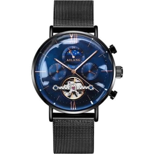Fashion Ultra-thin Men Watch Tourbillon Top Brand 6 Hand Multifunction Mechanical Watches Black Steel Strap Waterproof Clock