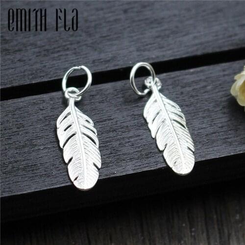 Emith Fla 100% 925 Sterling Silver Feather Charm Pendants for Bracelet Authentic Necklace Pendants Vintage DIY Jewelry Making
