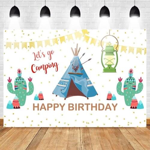 Go Camping Theme Backdrop for Photography Happy Birthday Background for Party Decoration Tribal Teepee Cactus Gold Glitter