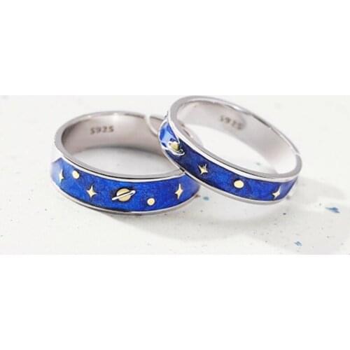 Drip Glaze Stars Moon Sky 925 Sterling Silver Opening Romantic Couple Rings SRI521
